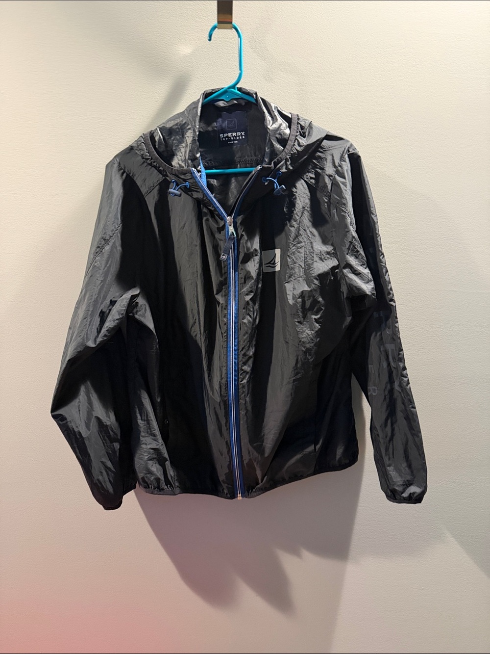 Sperry Black Windbreaker with Blue Zipper and Hood